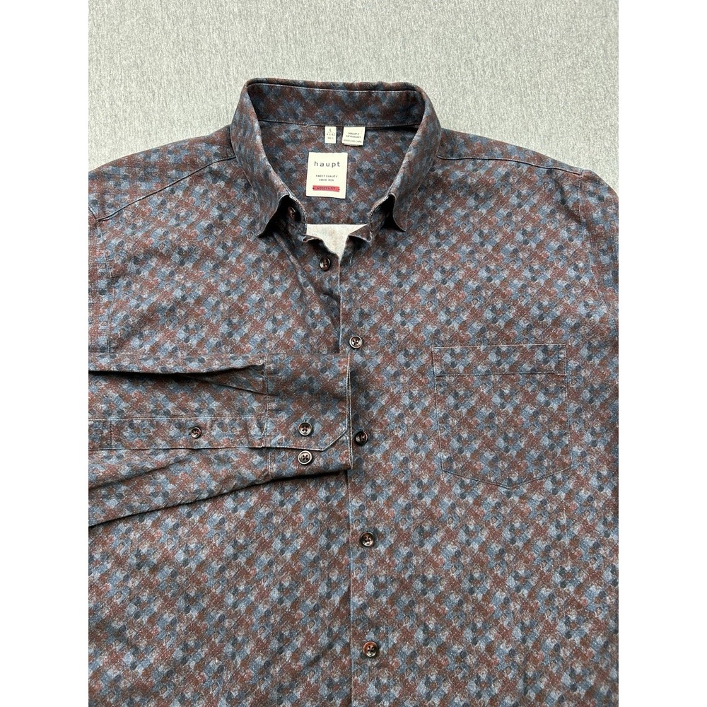 Haupt Modern Fit Long Sleeve Button Down Shirt Men's Large 41/42 16.5 Red Blue